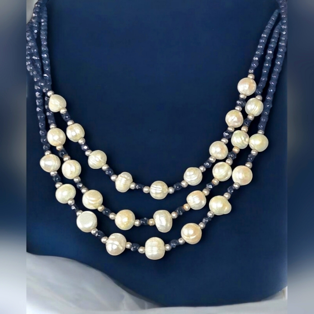 Vintage Teng Yue Signed Pearl & Black Bead Necklace